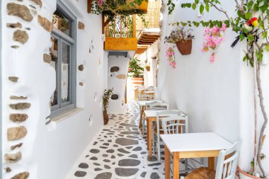 Naxos Adası, Cyclades Yunanistan. Geleneksel açık hava kafesi, ahşap sandalye ve kaldırım taşı sokağındaki masa. Beyazlatılmış duvar, bitkiler. Yaz tatili.