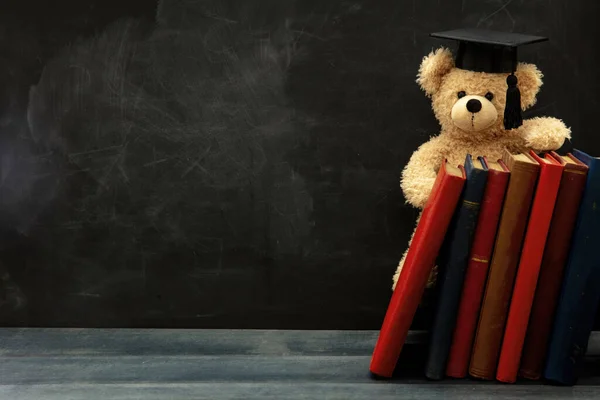 Φοιτητική Εκπαίδευση Αρκουδάκι Καπέλο Αποφοίτησης Και Σχολικά Βιβλία Ξύλινο Γραφείο — Φωτογραφία Αρχείου
