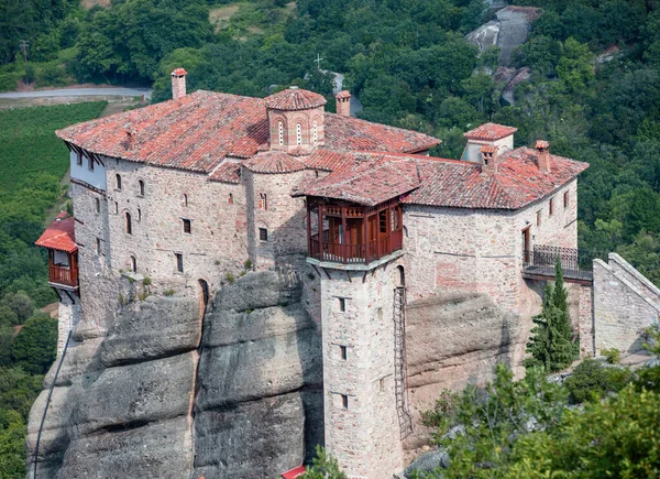 Meteora Greece Святий Монастир Русано Будівлі Святої Варвари Вершині Скель — стокове фото