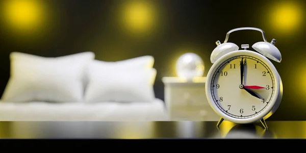Daylight Saving Time End. Fall Back Time. Alarm clock, one hour back change, blur bedroom background. 3d rende