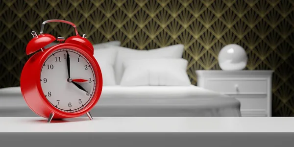 Fall Back Time. Daylight Saving End. Red alarm clock, one hour back change, blur bedroom background. 3d rende