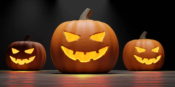 Sonrisa Calabaza Halloween Ojos Aterradores Brillando Fondo Oscuro Linternas Talladas — Foto de Stock