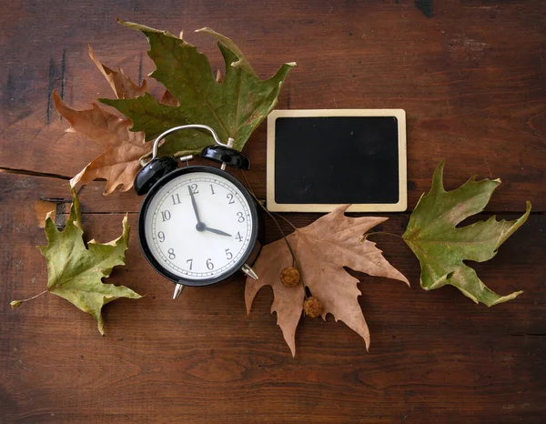 Fall Back, Daylight Saving Time. Black alarm clock empty label and autumn leaves on wooden table, top vie