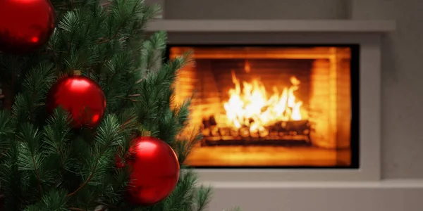 Árvore Natal Lareira Ardente Casa Quente Incêndio Sala Estar Interior — Fotografia de Stock