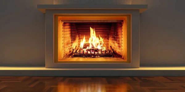 Burning fireplace, cozy home. Fire burning in a fireside, wooden floor, living room interior, front view, banner. 3d render