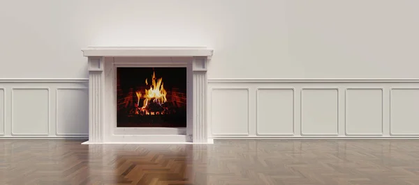 Fire burning in a white marble fireplace, wooden parquet floor, wainscot panel wall, living room interior classic design. 3d render