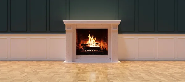 Fire burning in a marble fireplace, wooden floor, blue white wainscot wall, living room interior classic design. 3d render