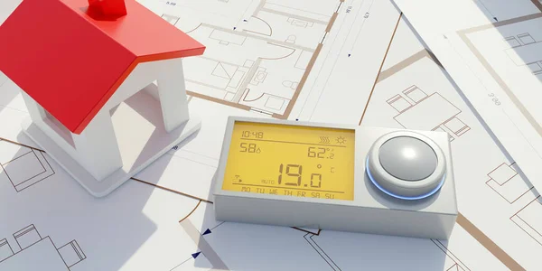 建筑成本节约 在绘图时加热恒温器和室内模型 温度降至19度 消耗量减少 Rende — 图库照片