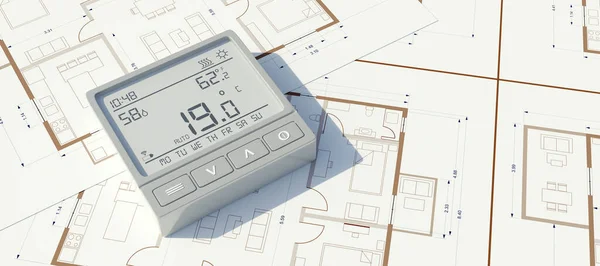 Building cost saving, Energy efficient. Heating thermostat on house drawing. Temperature to 19 degrees. 3d rende