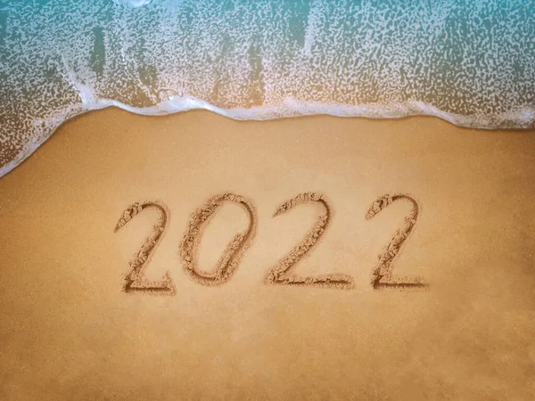 Happy New Year 2022 Lettering Beach Wave Blue Sea Numbers — Stock Photo, Image