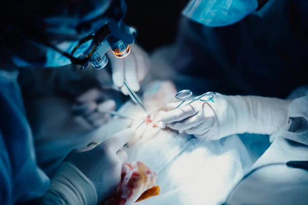 Trabajo Equipo Cirujanos Quirófano Manos Guante Cerca Con Instrumentos Quirúrgicos — Foto de Stock