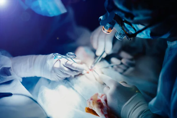 Trabajo Equipo Cirujanos Quirófano Manos Guantes Cerca Con Instrumentos Quirúrgicos — Foto de Stock