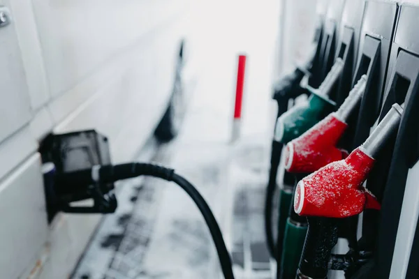 Refueling Car Fuel Filling Station Snow — Stock Photo, Image