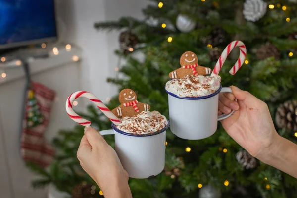 Christmas Mugs Egg Nog Whipped Cream Candy Canes — Stock Photo, Image