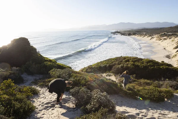 Teenager Her Brother Path Sandy Beach — Stock Photo, Image