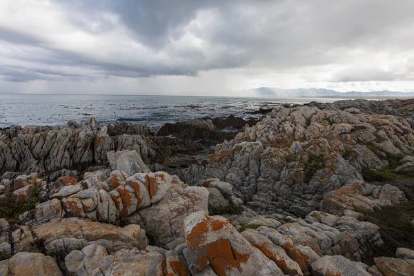 Felsige Zerklüftete Küste Erodierter Sandsteinfelsen Blick Auf Den Ozean — Stockfoto