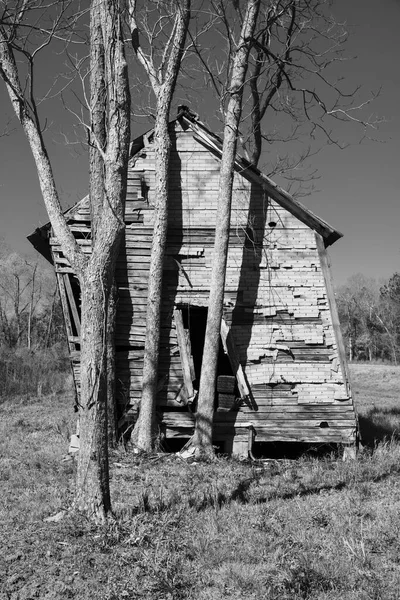 Abandoned Homestead Wooden Building Leaning Unstable Collapsing — Photo