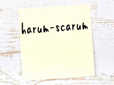 Tahta duvarda el yazısı harum-scarum yazılı sarı yapışkan bir not var.