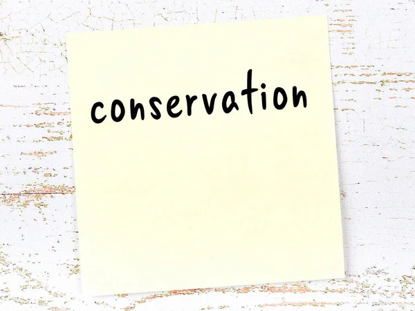 Concept Reminder Conservation Yellow Sticky Sheet Paper Wooden Wall Inscription — Stock Photo, Image