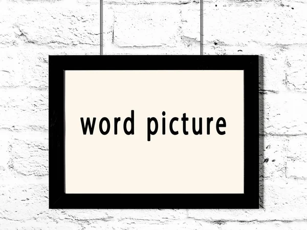 Black Wooden Frame Inscription Word Picture Hanging White Brick Wall — Stock Photo, Image