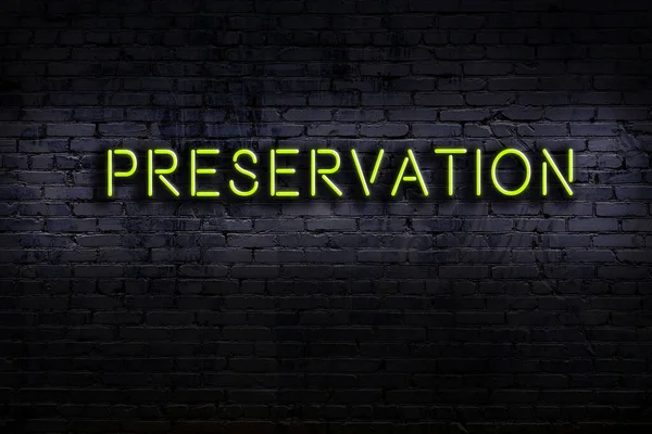 Neon Sign Inscription Preservation Brick Wall Night View — Stock Photo, Image