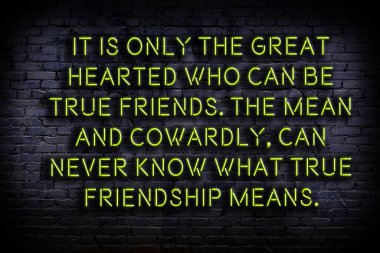 Tuğla duvardaki bilgece alıntıların neon yazıları üzerine gece görüşü