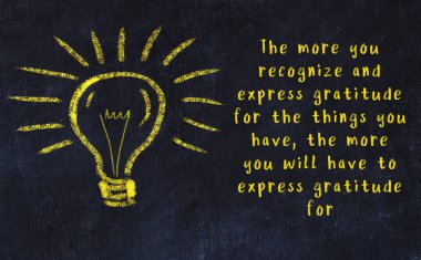 Bilgece bir alıntı ve siyah karatahtaya bir ampul çizimi