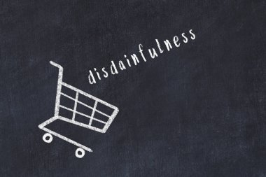 Alışveriş arabasının tebeşir çizimi ve kara karatahtanın üzerindeki kelime küçümsemesi. Küreselleşme ve kütle tüketimi kavramı.