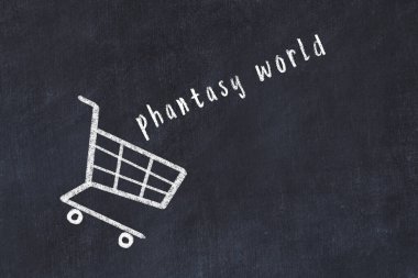 Alışveriş arabasının tebeşir çizimi ve kara kara kara tahtada hayali dünya. Küreselleşme ve kütle tüketimi kavramı.