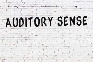 İşitme duyusu olan beyaz tuğlalı duvar. Siyah boyayla yazılmış.