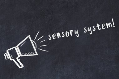 Hoparlör çizimi ve yazıt duyusal sistemi olan siyah karatahta