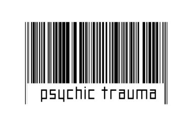 Dijitalleştirme kavramı. Altında yazılı psişik travma olan siyah yatay çizgilerin barkodu.