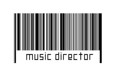 Altında müzik yönetmeni olan beyaz arka planda bir barkod. Ticaret ve küreselleşme kavramı