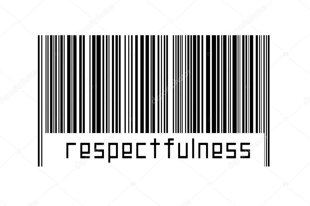 Barcode on white background with inscription respectfulness below. Concept of trading and globalization