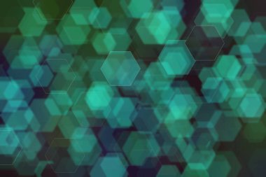 Yeşil ve mavi renk ve altıgen şekilli bokeh geçişleriyle harmonik gradyan.