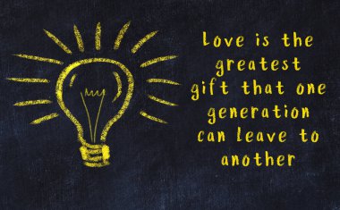 Bilgece bir alıntı ve siyah karatahtaya bir ampul çizimi