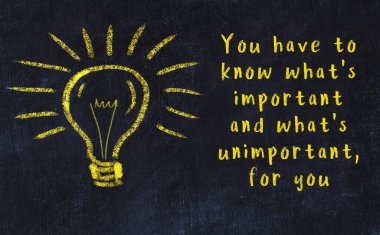 Bilgece bir alıntı ve siyah karatahtaya bir ampul çizimi