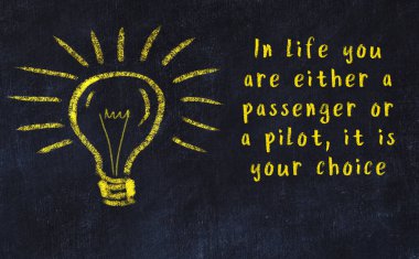 Bilgece bir alıntı ve siyah karatahtaya bir ampul çizimi