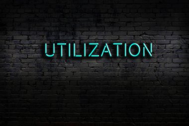 Neon sign with inscription utilization against brick wall. Night view
