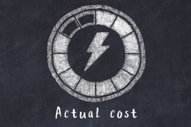 Chalk drawing of low energy indicatior. KPI concept, high Actual cost.