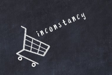 Chalk drawing of shopping cart and word inconstancy on black chalboard. Concept of globalization and mass consuming.