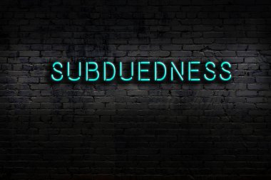 Neon sign on brick wall at night. Inscription subduedness