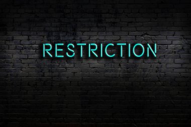 Neon sign with inscription restriction against brick wall. Night view