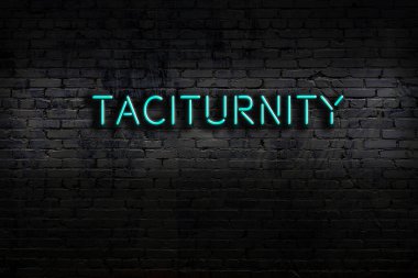 Neon sign with inscription taciturnity against brick wall. Night view