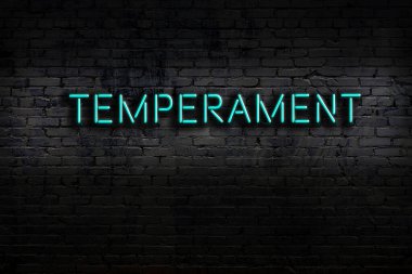 Neon sign with inscription temperament against brick wall. Night view