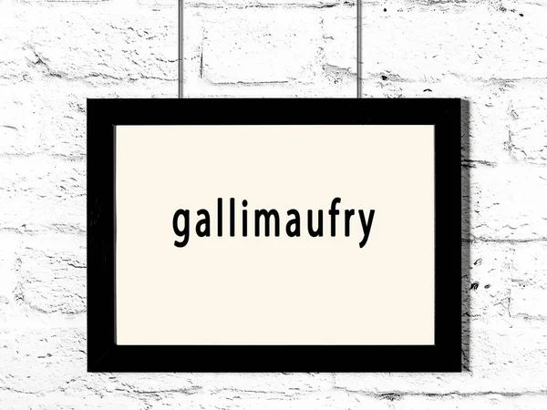 Black Wooden Frame Inscription Gallimaufry Hanging White Brick Wall — Fotografia de Stock