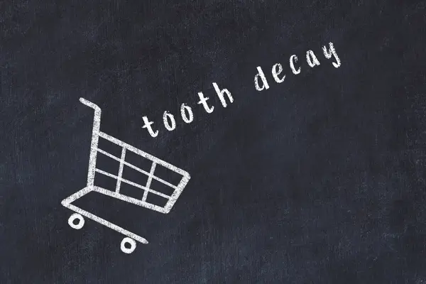 Chalk Drawing Shopping Cart Word Tooth Decay Black Chalboard Concept — Foto de Stock