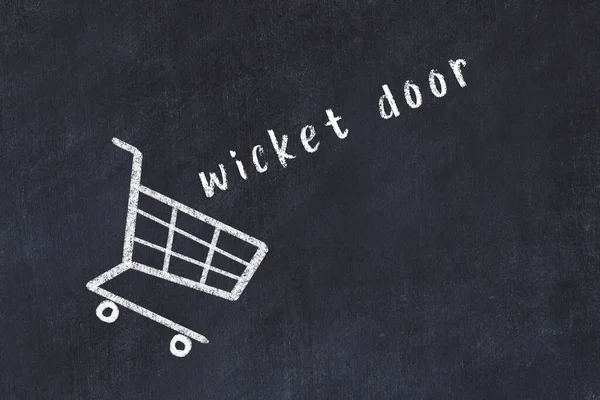 Chalk Drawing Shopping Cart Word Wicket Door Black Chalboard Concept — Stockfoto