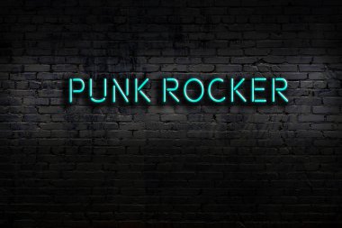 Neon sign with inscription punk rocker against brick wall. Night view