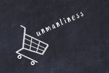 Chalk drawing of shopping cart and word unmanliness on black chalboard. Concept of globalization and mass consuming.